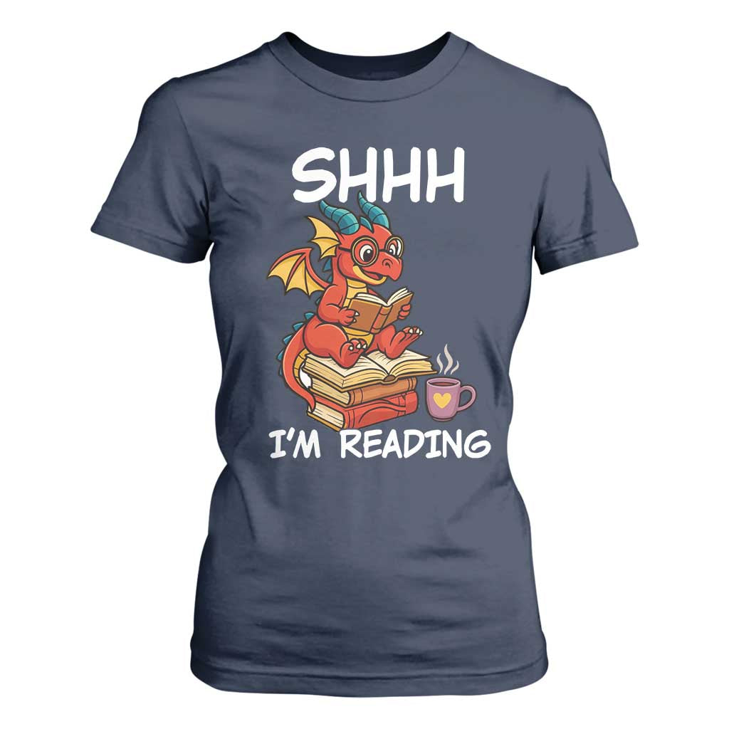 Shhh I Am Reading T Shirt For Women Funny Dragon Reading Book TS12 Navy Print Your Wear