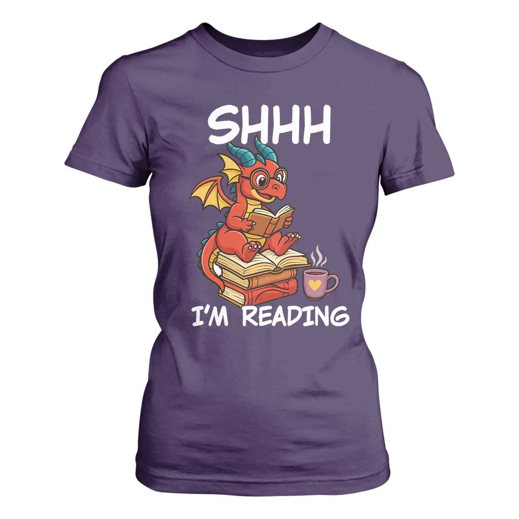 Shhh I Am Reading T Shirt For Women Funny Dragon Reading Book TS12 Purple Print Your Wear