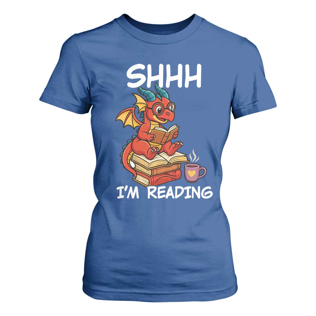 Shhh I Am Reading T Shirt For Women Funny Dragon Reading Book TS12 Royal Blue Print Your Wear