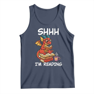 Shhh I Am Reading Tank Top Funny Dragon Reading Book TS12 Navy Print Your Wear