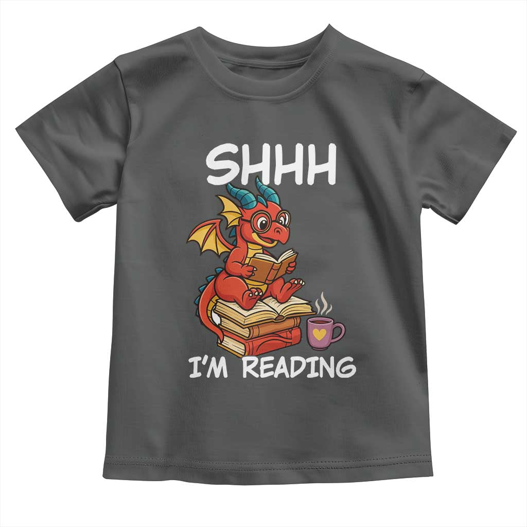 Shhh I Am Reading Toddler T Shirt Funny Dragon Reading Book TS12 Dark Heather Print Your Wear