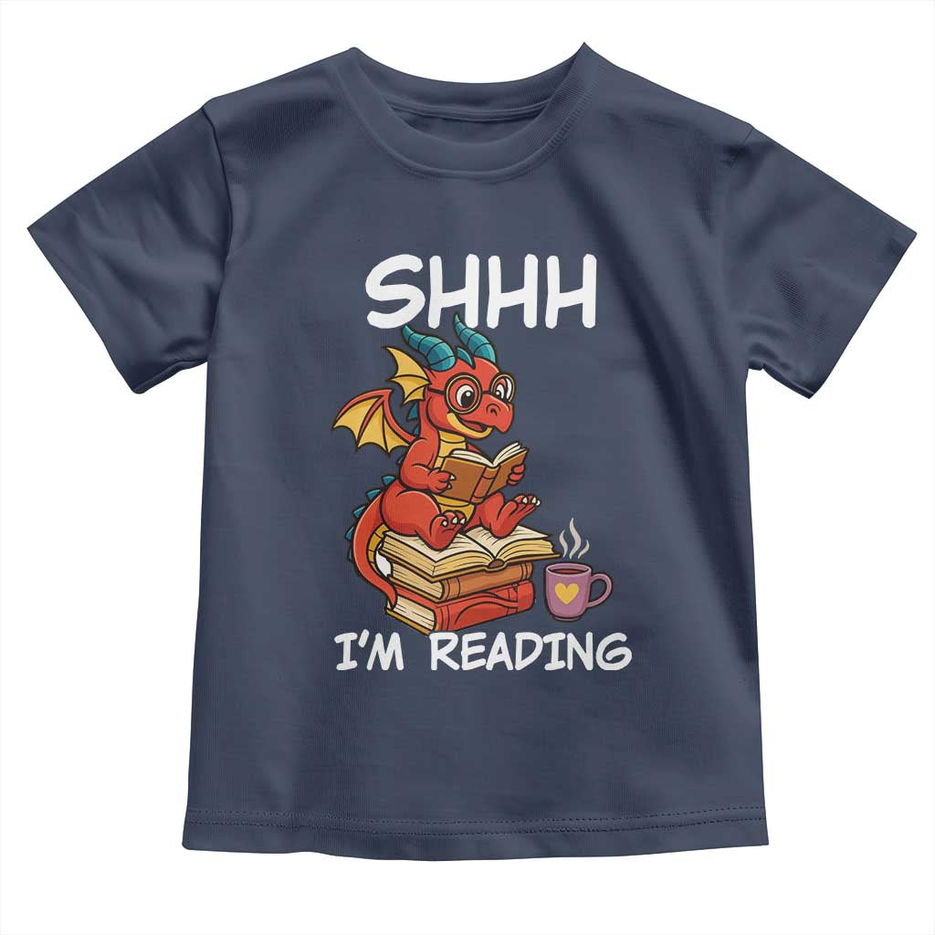 Shhh I Am Reading Toddler T Shirt Funny Dragon Reading Book TS12 Navy Print Your Wear