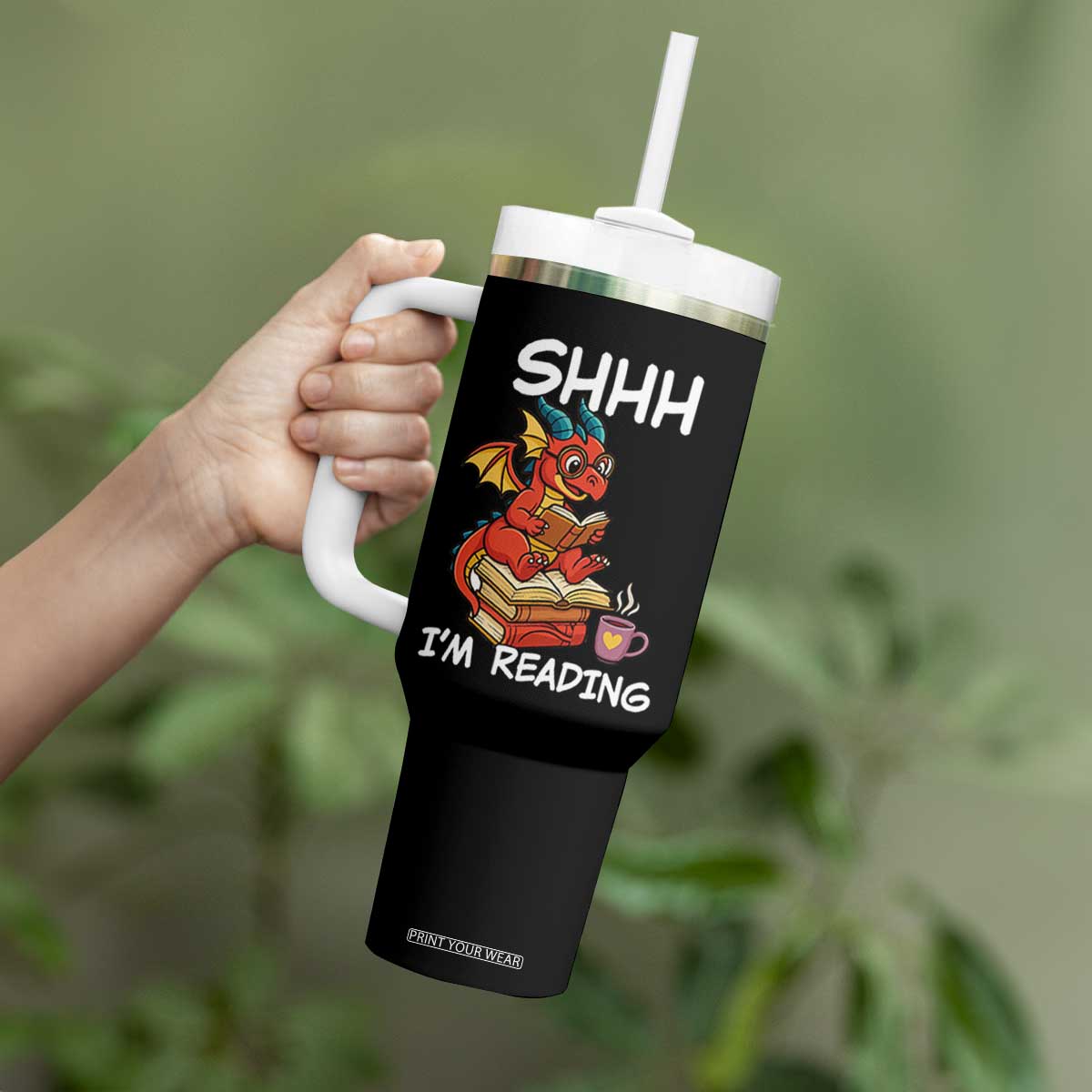Shhh I Am Reading Tumbler With Handle Funny Dragon Reading Book TS12 Print Your Wear