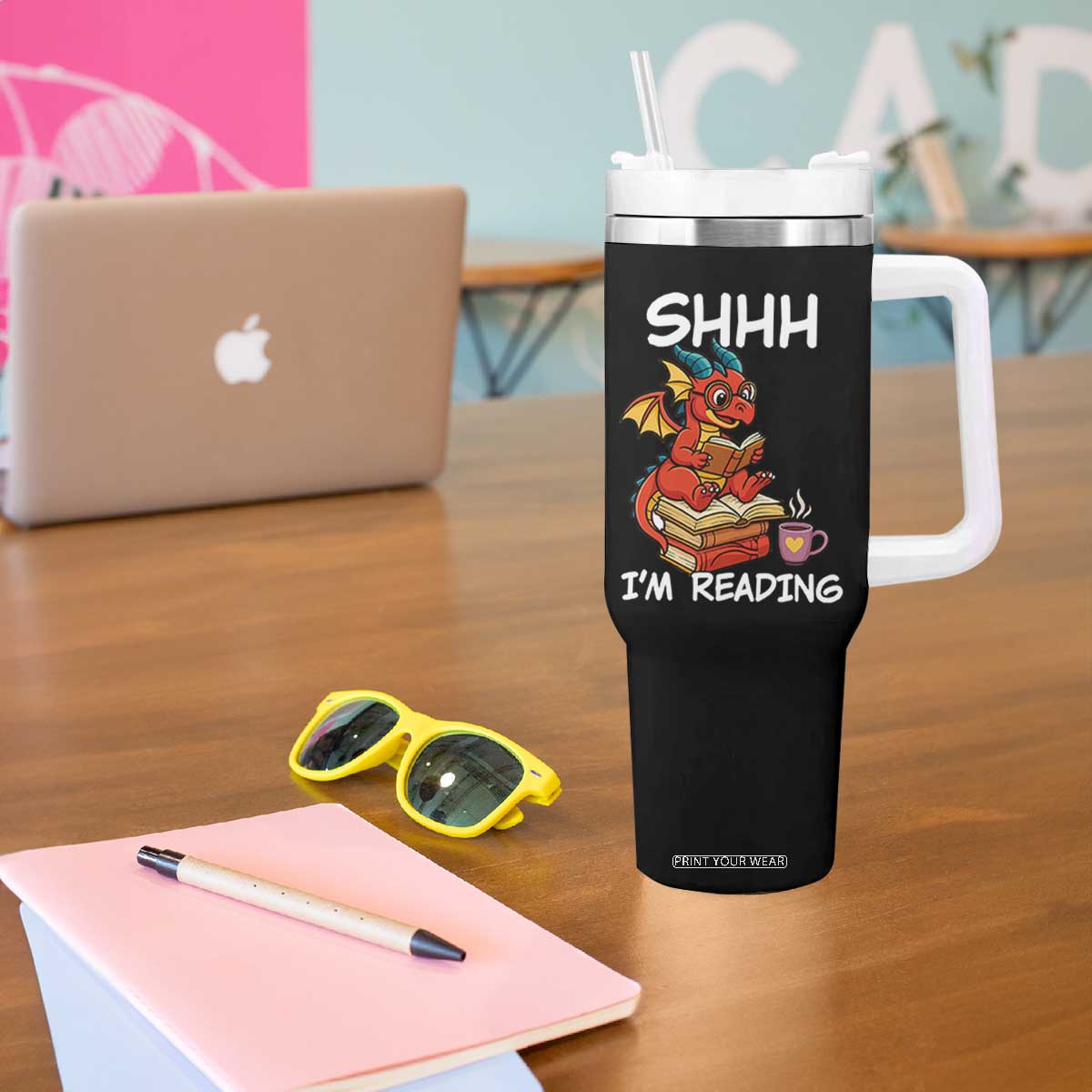 Shhh I Am Reading Tumbler With Handle Funny Dragon Reading Book TS12 Print Your Wear