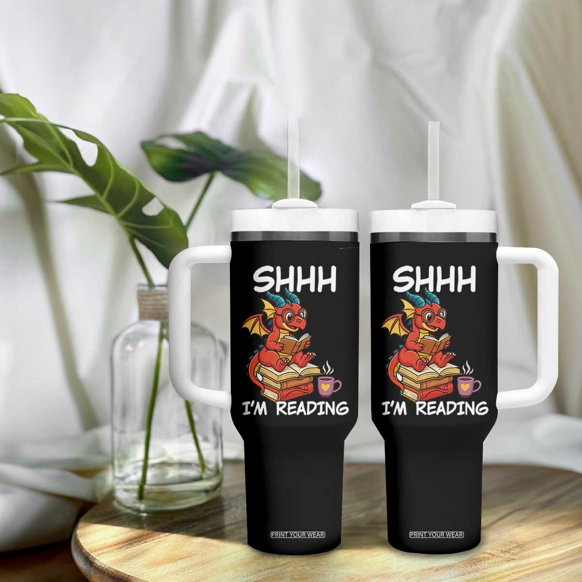 Shhh I Am Reading Tumbler With Handle Funny Dragon Reading Book TS12 Print Your Wear