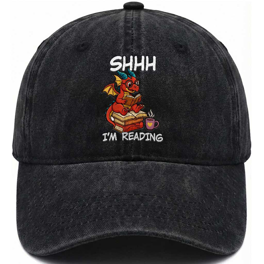 Shhh I Am Reading Washed Cotton Baseball Cap Funny Dragon Reading Book TS12 Print Your Wear