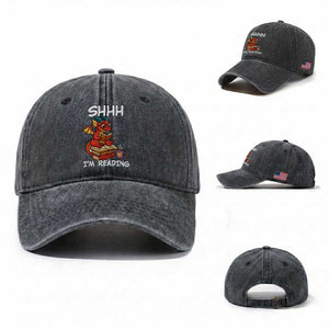 Shhh I Am Reading Washed Cotton Baseball Cap Funny Dragon Reading Book TS12 Washed Cap Universal Fit Dark Gray Print Your Wear