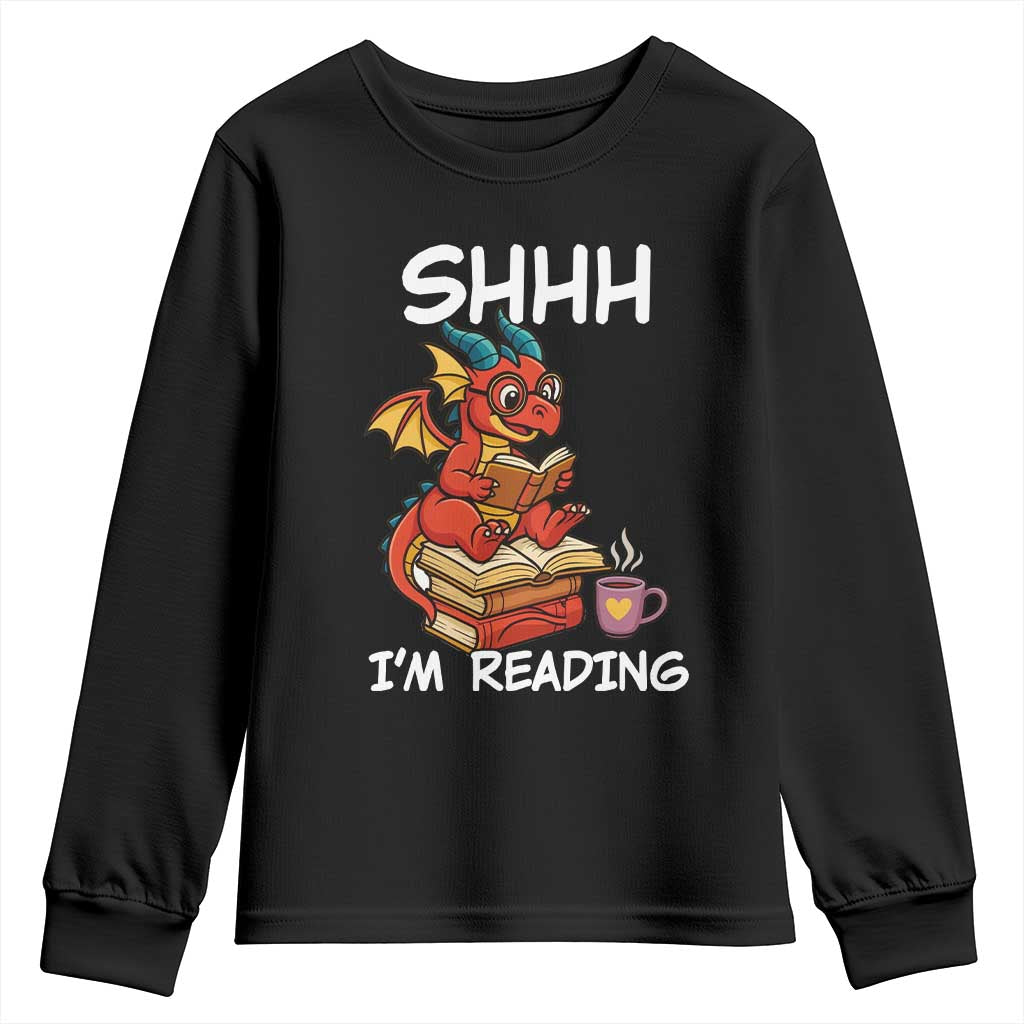Shhh I Am Reading Youth Sweatshirt Funny Dragon Reading Book TS12 Black Print Your Wear