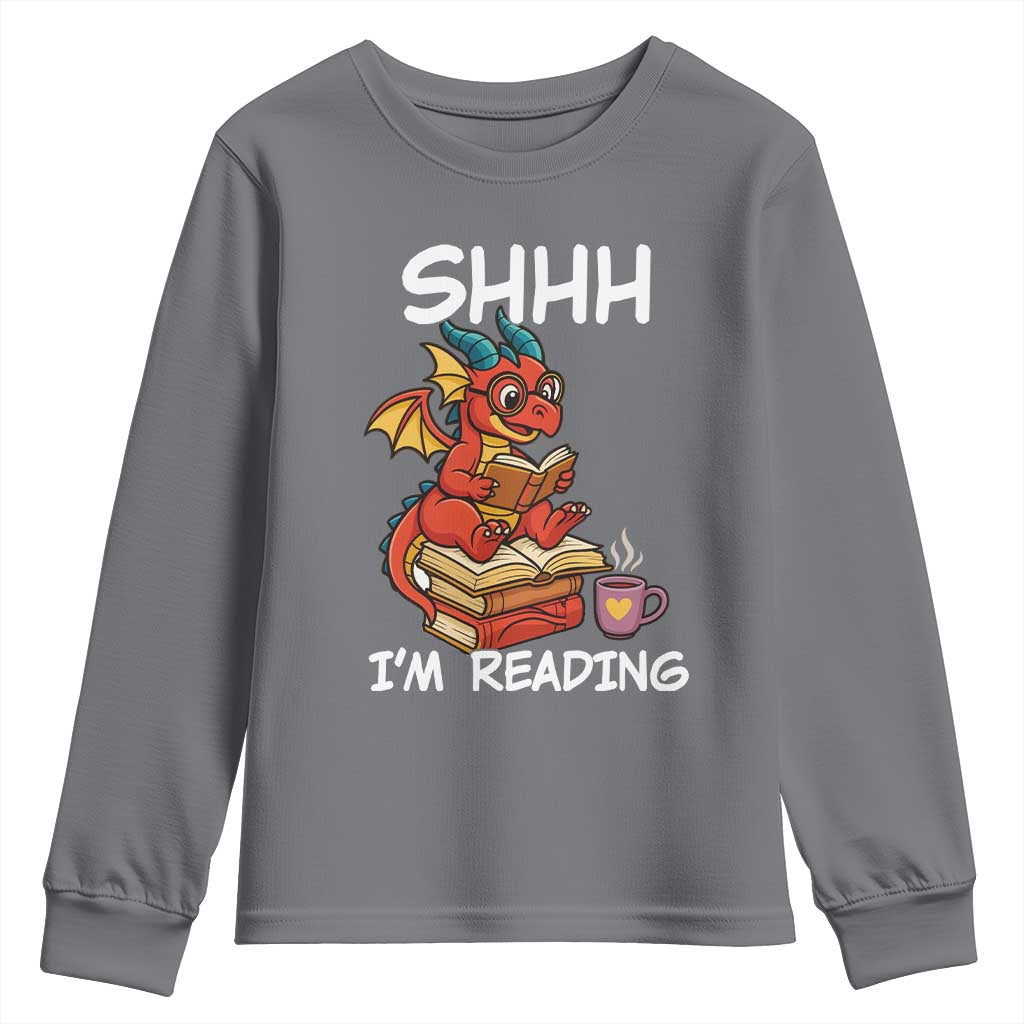 Shhh I Am Reading Youth Sweatshirt Funny Dragon Reading Book TS12 Charcoal Print Your Wear