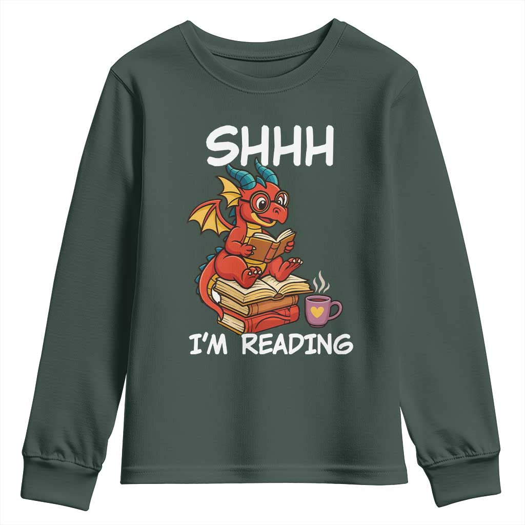Shhh I Am Reading Youth Sweatshirt Funny Dragon Reading Book TS12 Dark Forest Green Print Your Wear