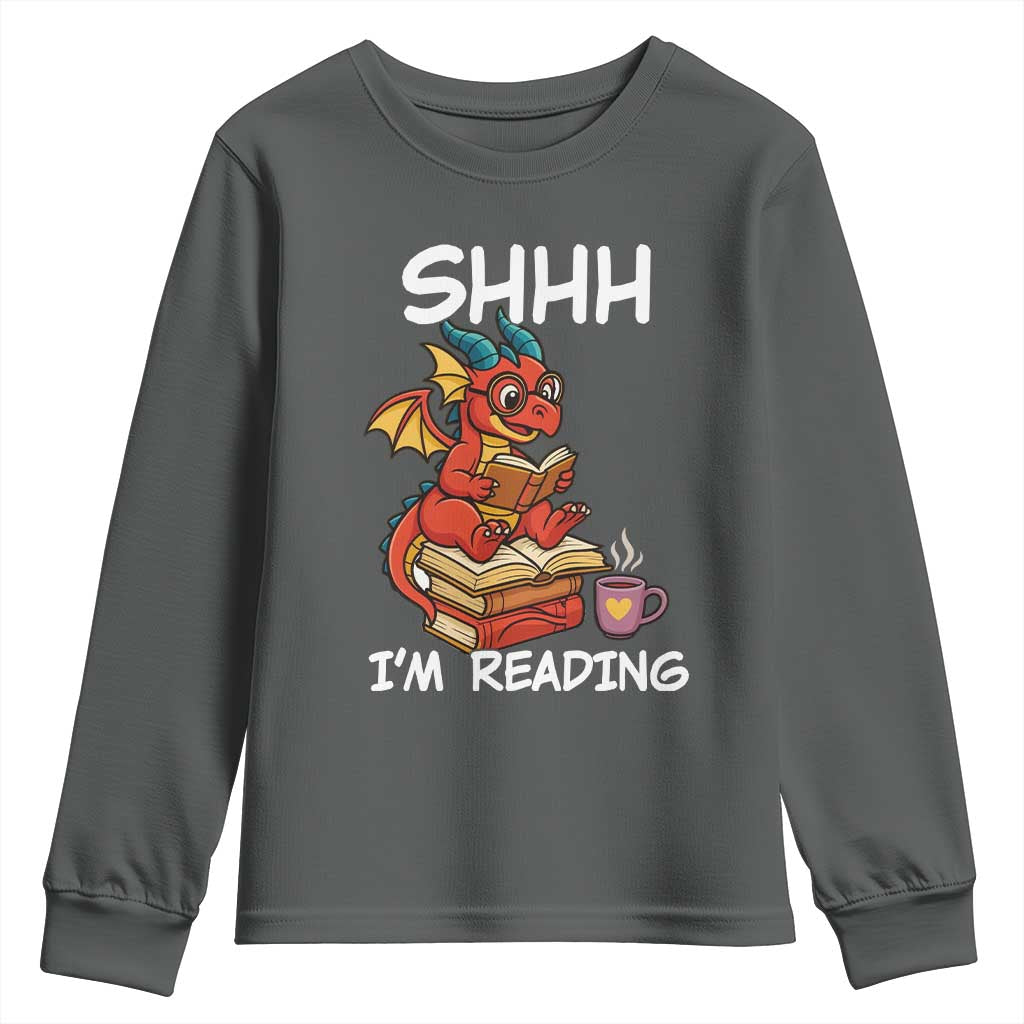 Shhh I Am Reading Youth Sweatshirt Funny Dragon Reading Book TS12 Dark Heather Print Your Wear
