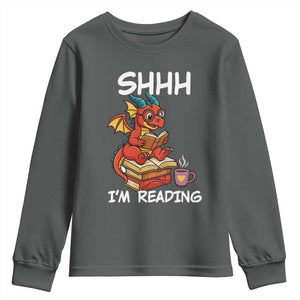 Shhh I Am Reading Youth Sweatshirt Funny Dragon Reading Book TS12 Dark Heather Print Your Wear