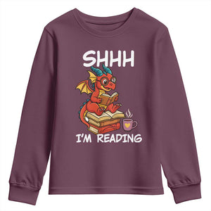 Shhh I Am Reading Youth Sweatshirt Funny Dragon Reading Book TS12 Maroon Print Your Wear