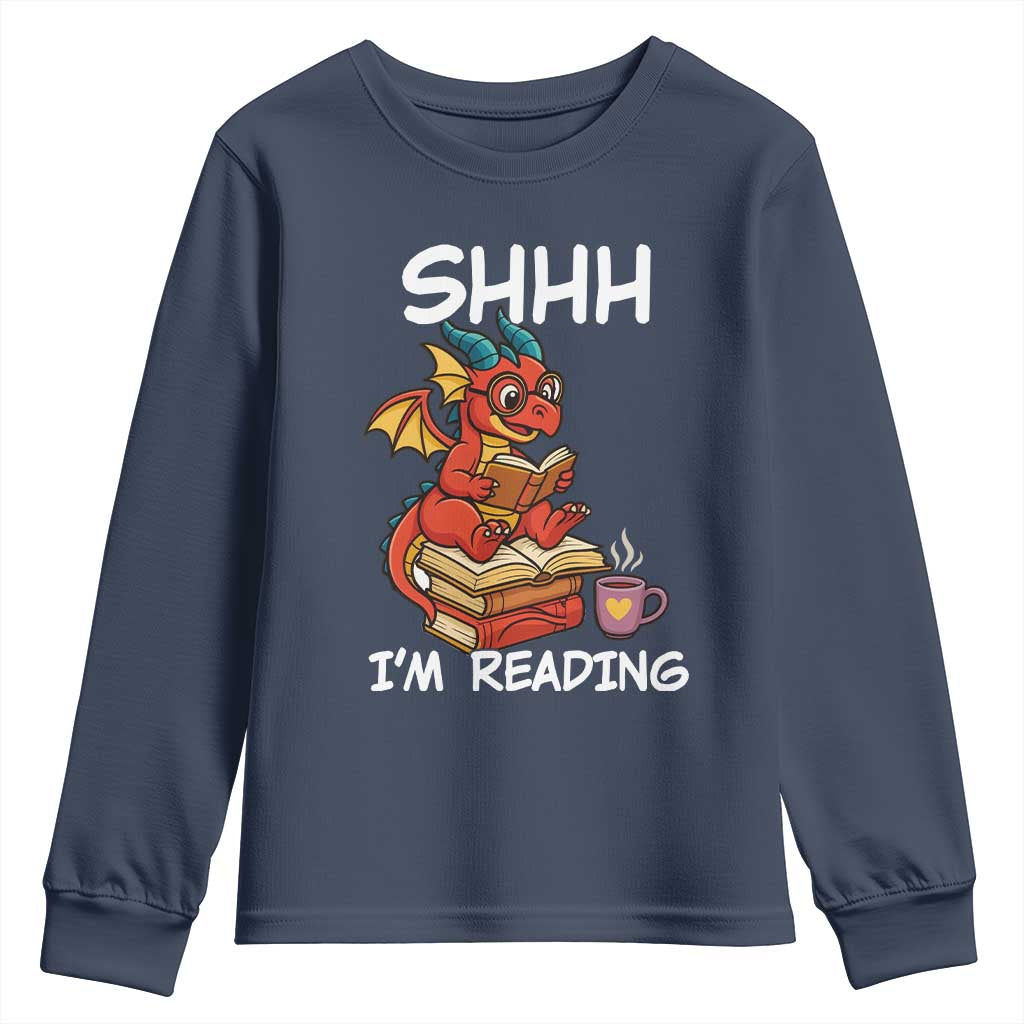 Shhh I Am Reading Youth Sweatshirt Funny Dragon Reading Book TS12 Navy Print Your Wear
