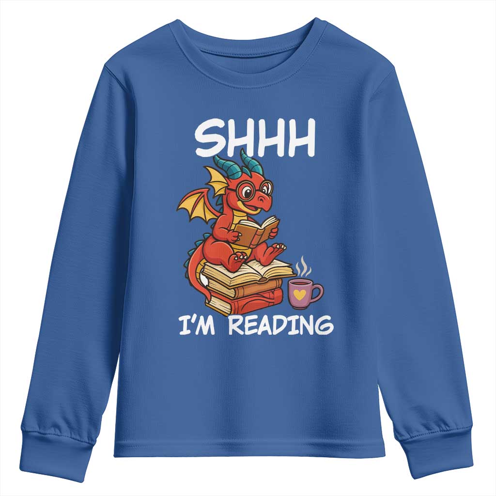 Shhh I Am Reading Youth Sweatshirt Funny Dragon Reading Book TS12 Royal Blue Print Your Wear