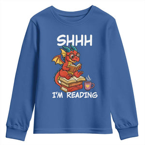 Shhh I Am Reading Youth Sweatshirt Funny Dragon Reading Book TS12 Royal Blue Print Your Wear
