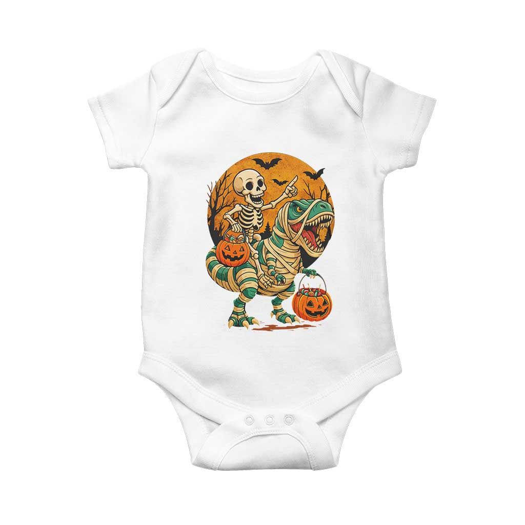 Funny Skeleton Riding Mummy Dinosaur Halloween Baby Onesie TS12 White Print Your Wear