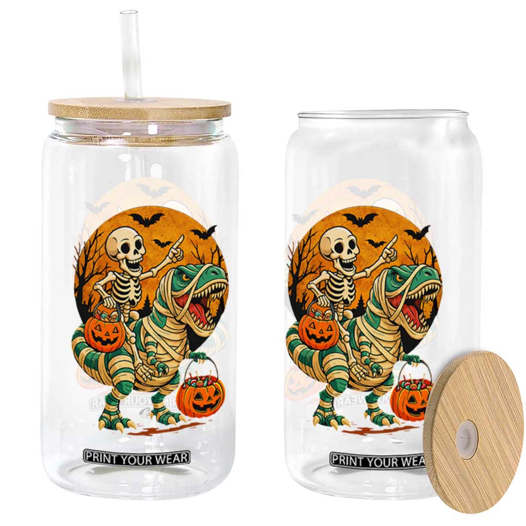 Funny Skeleton Riding Mummy Dinosaur Halloween Glass Can TS12 Print Your Wear