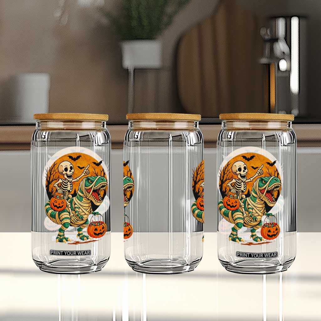Funny Skeleton Riding Mummy Dinosaur Halloween Glass Can TS12 Print Your Wear