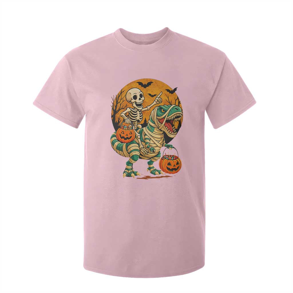 Funny Skeleton Riding Mummy Dinosaur Halloween T Shirt For Kid TS12 Light Pink Print Your Wear