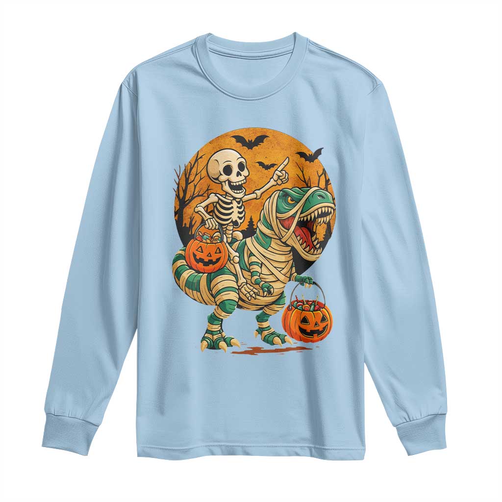 Funny Skeleton Riding Mummy Dinosaur Halloween Long Sleeve Shirt TS12 Light Blue Print Your Wear