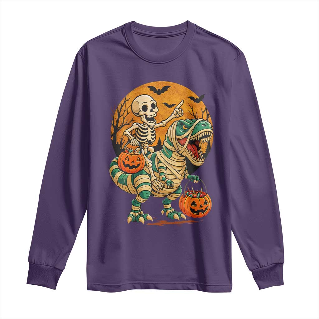 Funny Skeleton Riding Mummy Dinosaur Halloween Long Sleeve Shirt TS12 Purple Print Your Wear