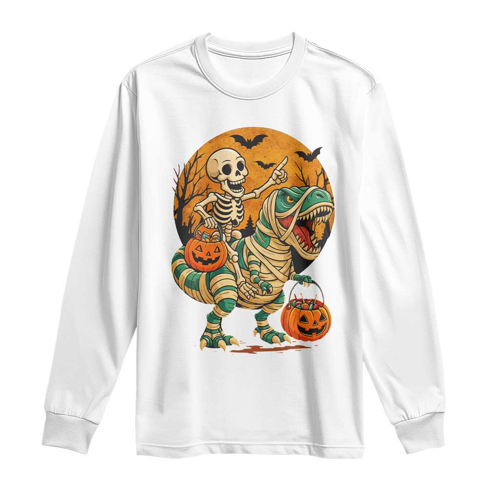 Funny Skeleton Riding Mummy Dinosaur Halloween Long Sleeve Shirt TS12 White Print Your Wear