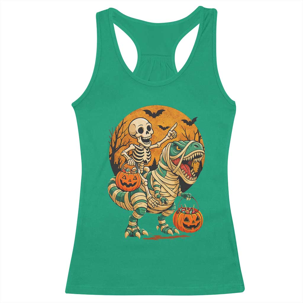 Funny Skeleton Riding Mummy Dinosaur Halloween Racerback Tank Top TS12 Irish Green Print Your Wear