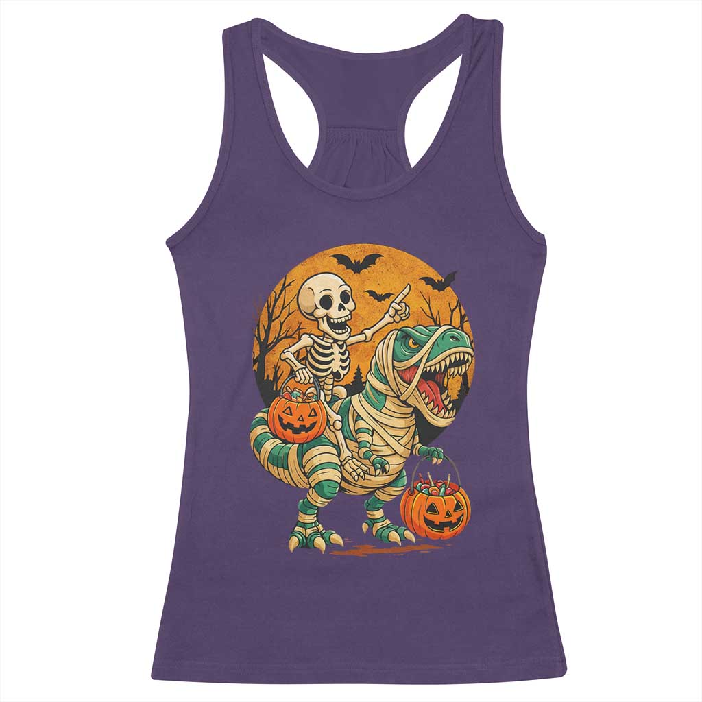 Funny Skeleton Riding Mummy Dinosaur Halloween Racerback Tank Top TS12 Purple Print Your Wear