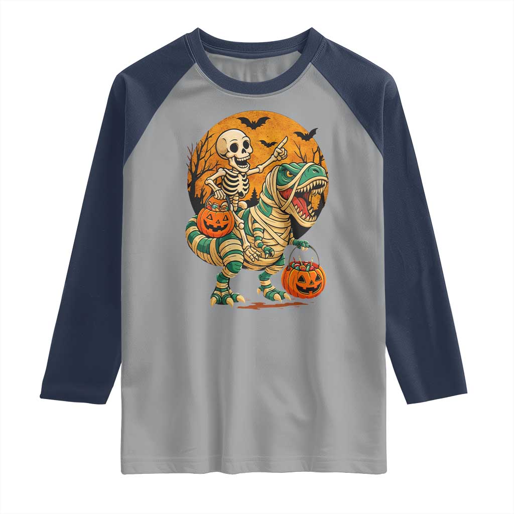 Funny Skeleton Riding Mummy Dinosaur Halloween Raglan Shirt TS12 Sport Gray Navy Print Your Wear