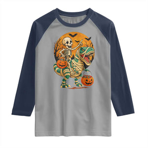 Funny Skeleton Riding Mummy Dinosaur Halloween Raglan Shirt TS12 Sport Gray Navy Print Your Wear