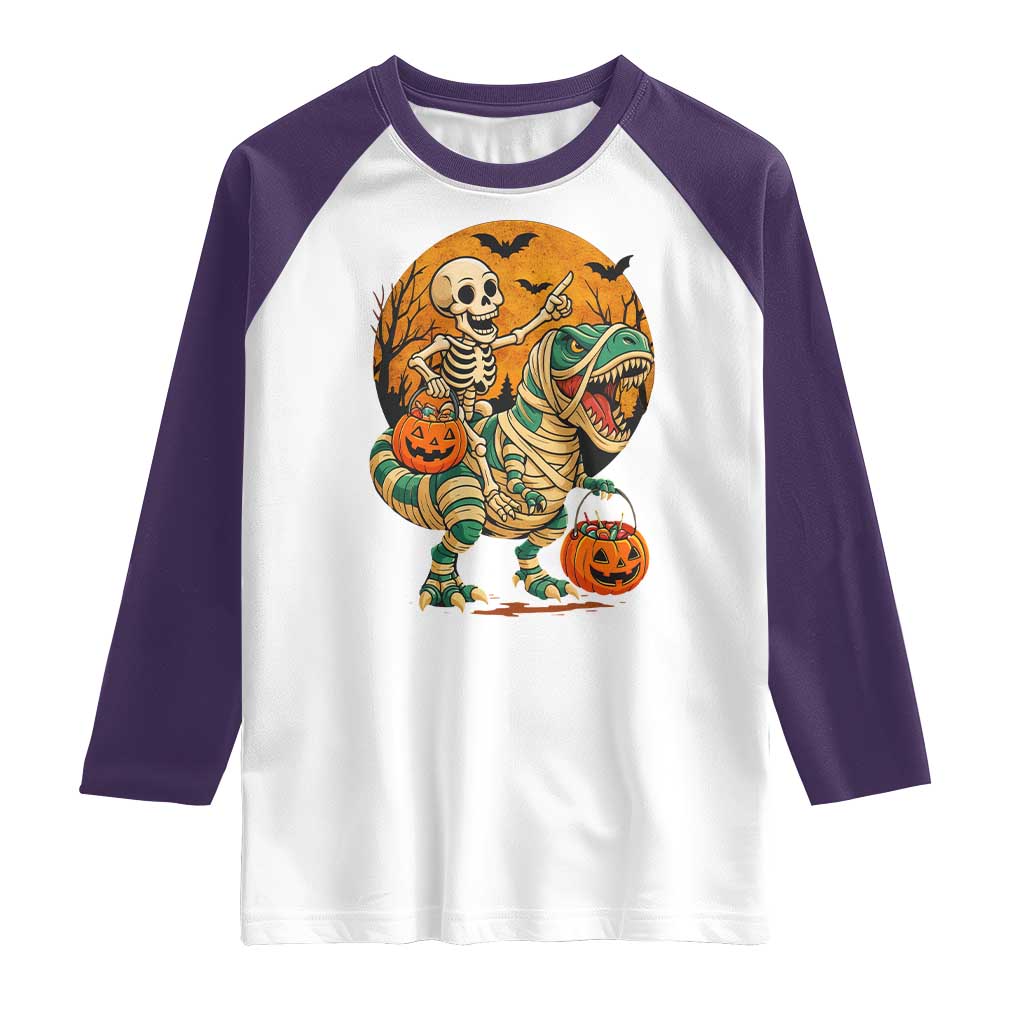 Funny Skeleton Riding Mummy Dinosaur Halloween Raglan Shirt TS12 White Purple Print Your Wear