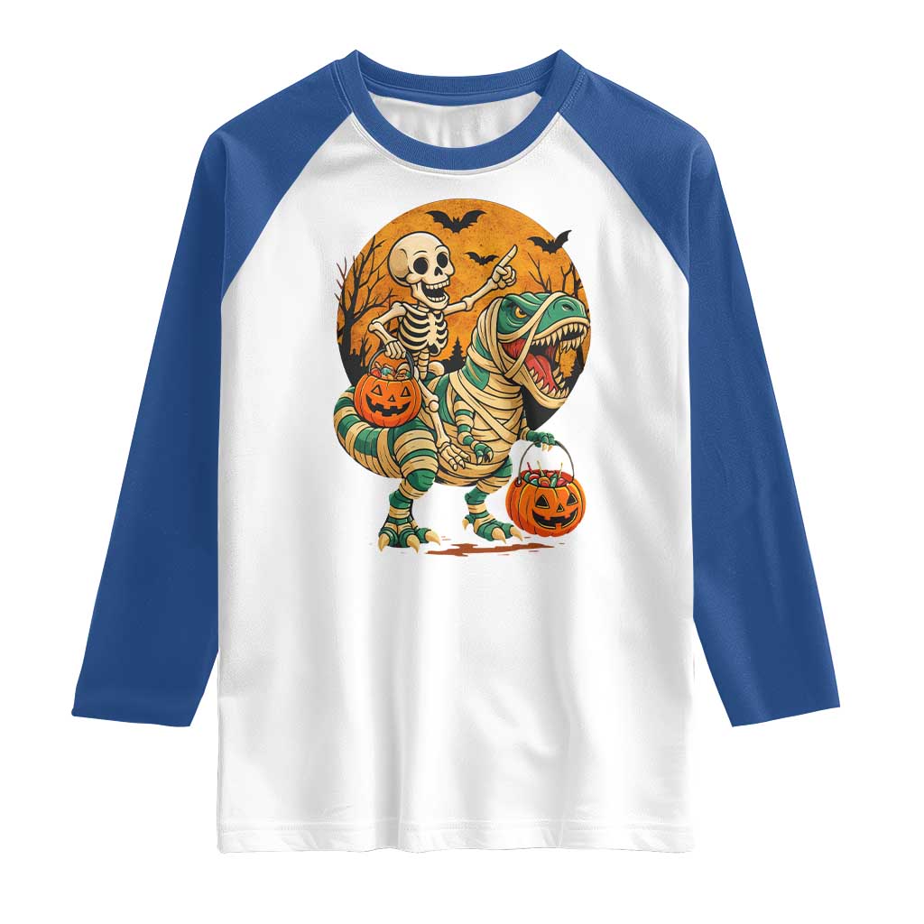 Funny Skeleton Riding Mummy Dinosaur Halloween Raglan Shirt TS12 White Royal Print Your Wear