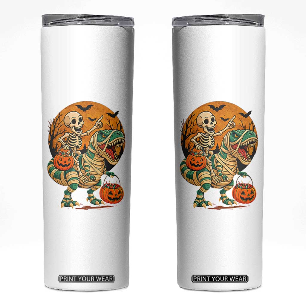 Funny Skeleton Riding Mummy Dinosaur Halloween Skinny Tumbler TS12 White Print Your Wear
