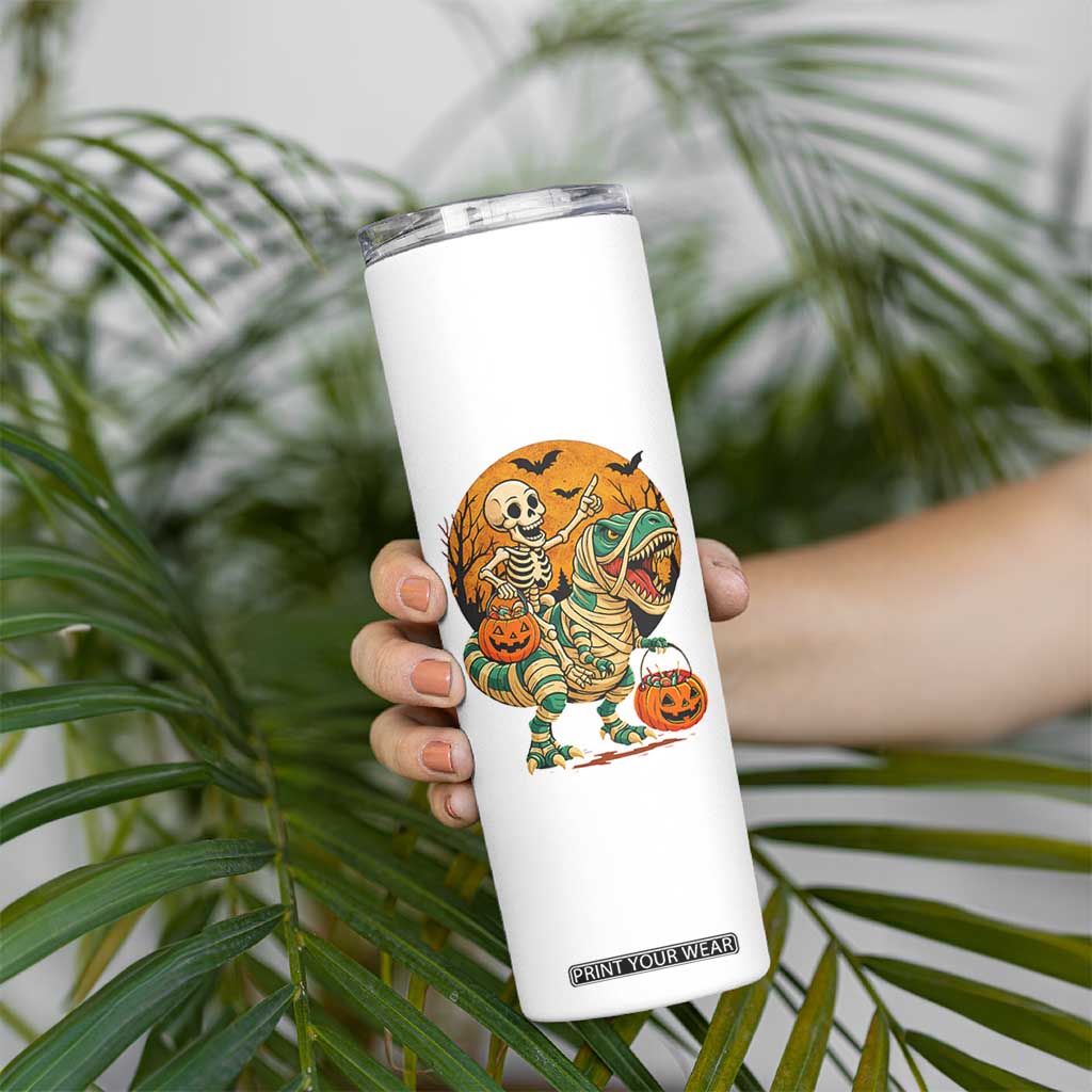 Funny Skeleton Riding Mummy Dinosaur Halloween Skinny Tumbler TS12 Print Your Wear