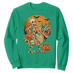 Funny Skeleton Riding Mummy Dinosaur Halloween Sweatshirt TS12 Irish Green Print Your Wear