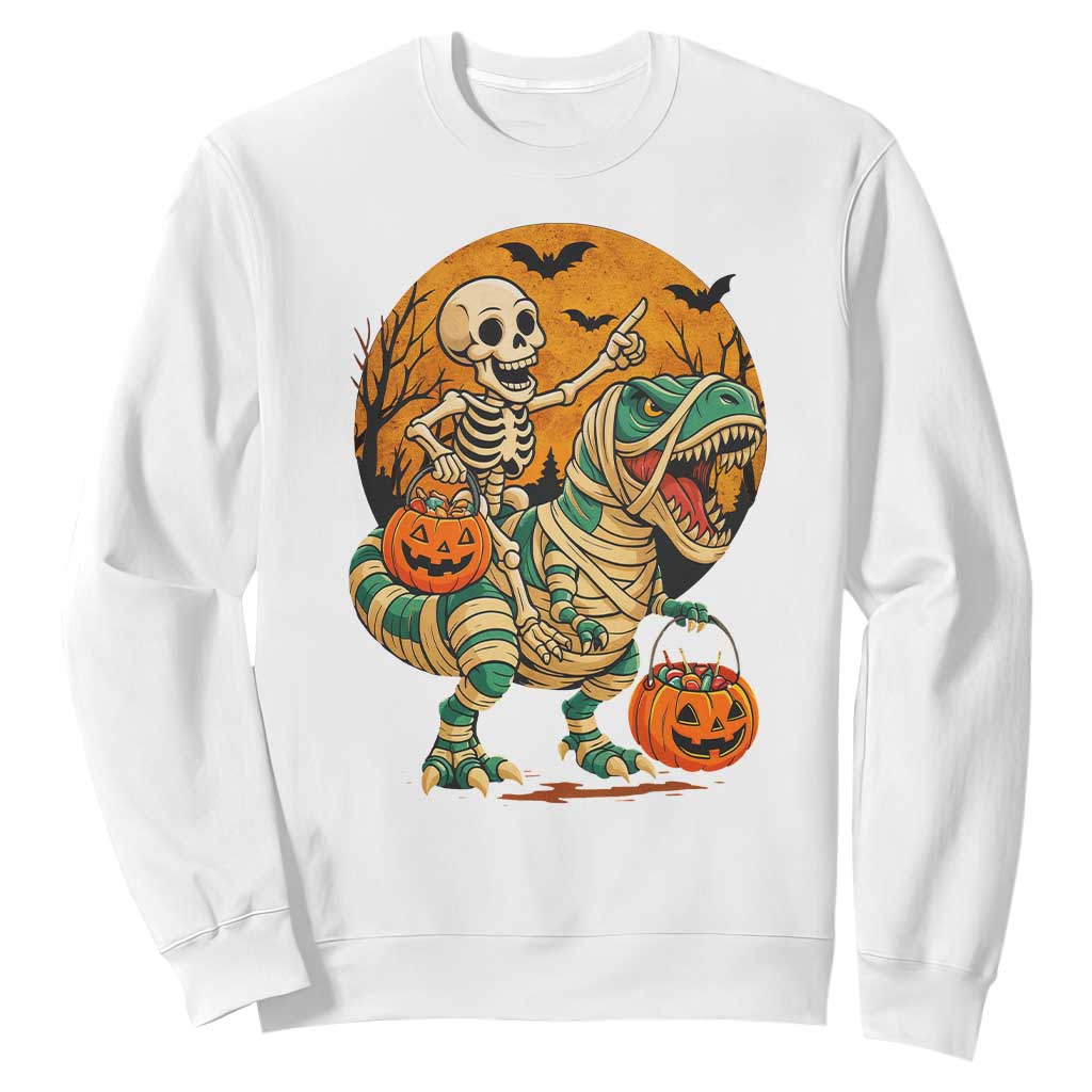 Funny Skeleton Riding Mummy Dinosaur Halloween Sweatshirt TS12 White Print Your Wear