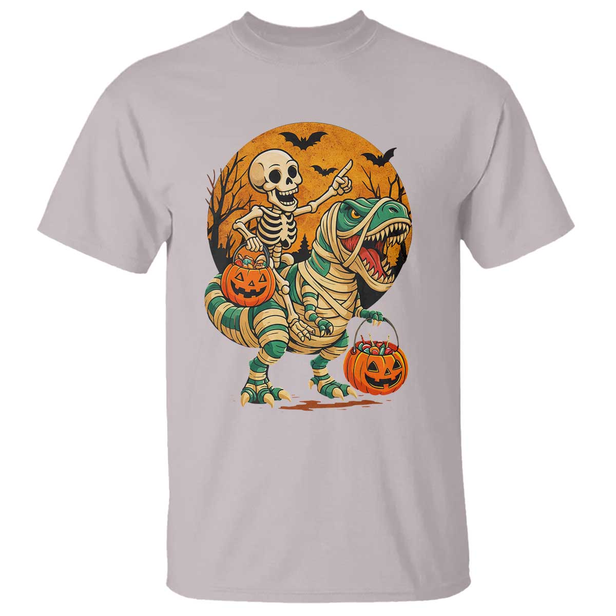 Funny Skeleton Riding Mummy Dinosaur Halloween T Shirt TS12 Ice Gray Print Your Wear