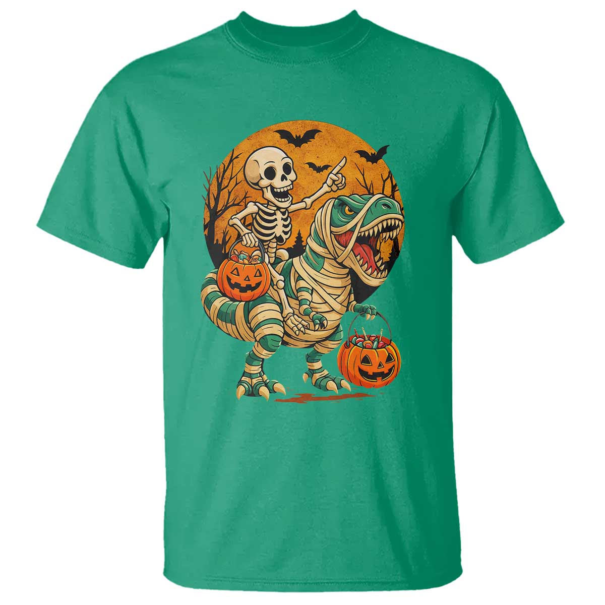 Funny Skeleton Riding Mummy Dinosaur Halloween T Shirt TS12 Irish Green Print Your Wear