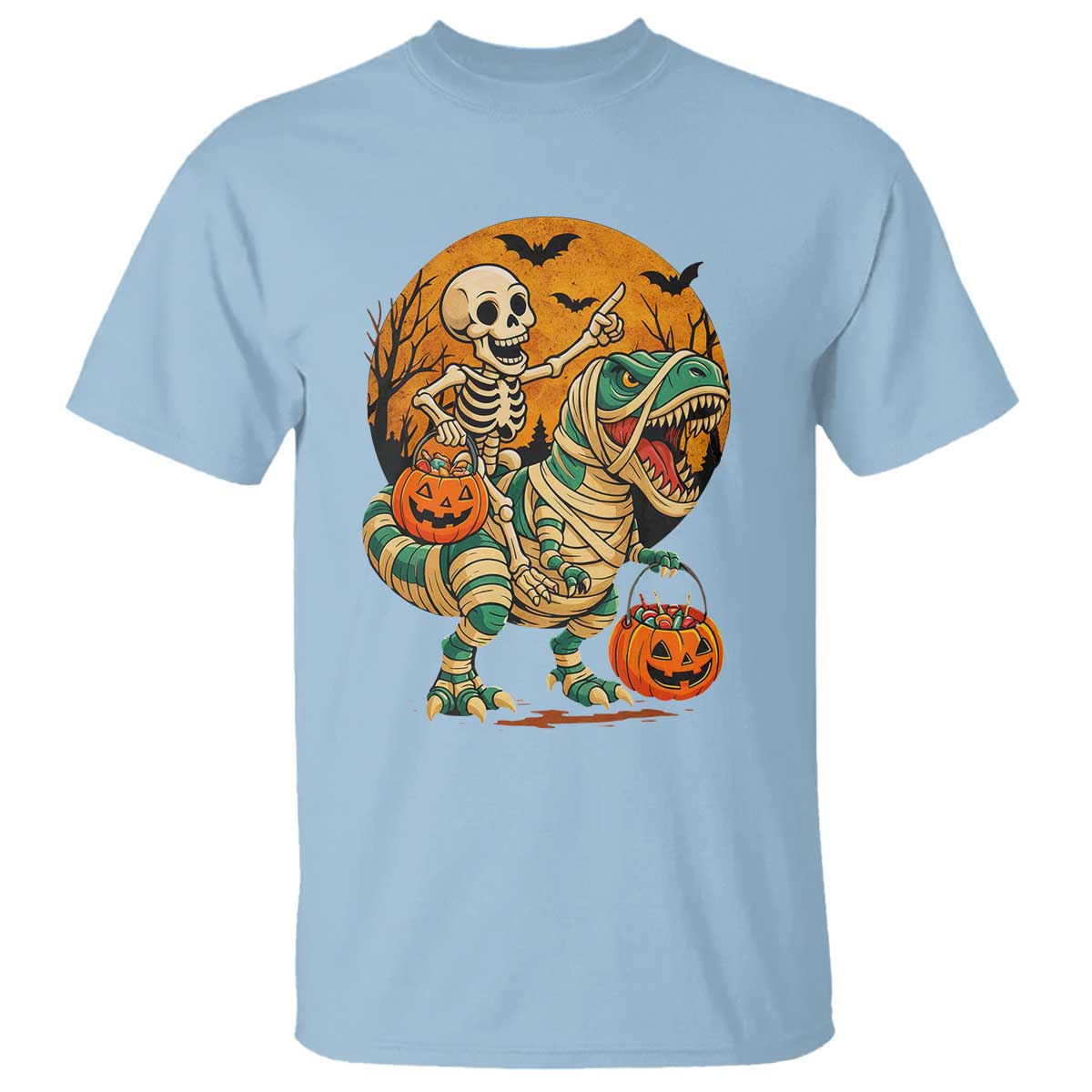 Funny Skeleton Riding Mummy Dinosaur Halloween T Shirt TS12 Light Blue Print Your Wear
