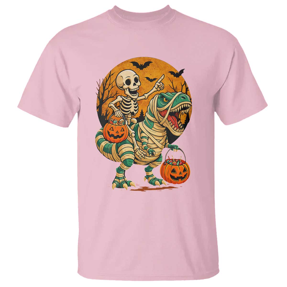 Funny Skeleton Riding Mummy Dinosaur Halloween T Shirt TS12 Light Pink Print Your Wear