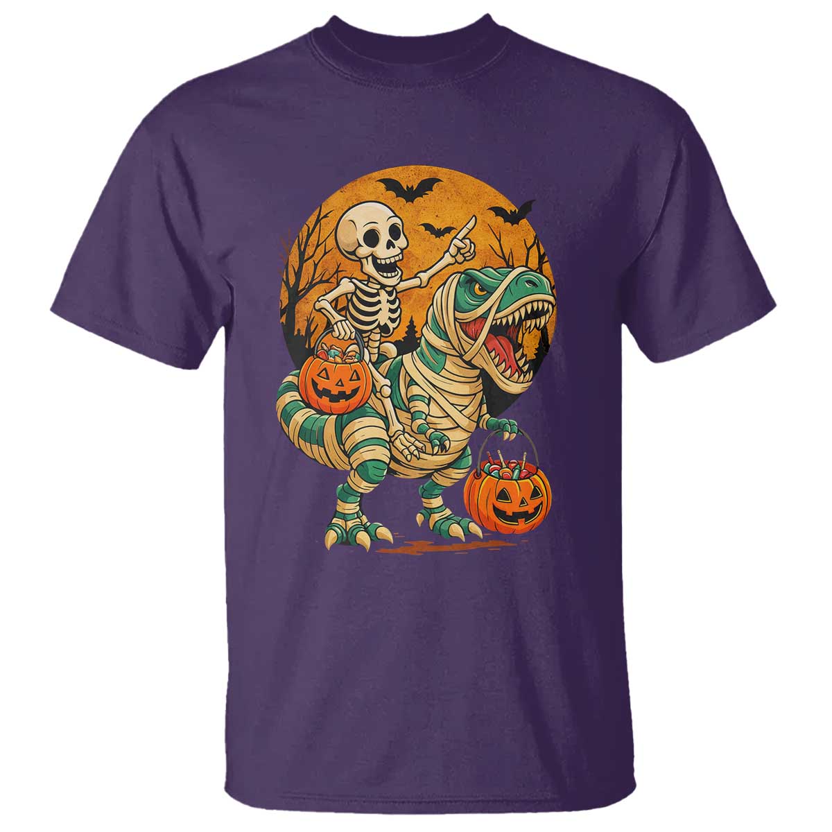 Funny Skeleton Riding Mummy Dinosaur Halloween T Shirt TS12 Purple Print Your Wear