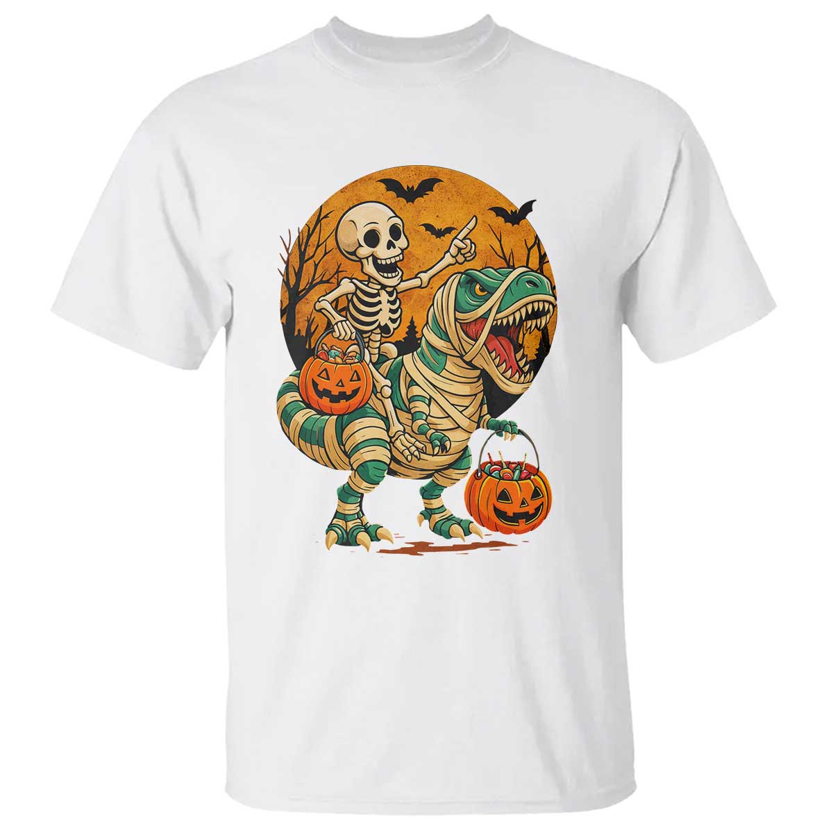 Funny Skeleton Riding Mummy Dinosaur Halloween T Shirt TS12 White Print Your Wear
