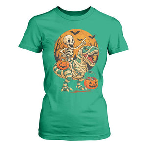 Funny Skeleton Riding Mummy Dinosaur Halloween T Shirt For Women TS12 Irish Green Print Your Wear