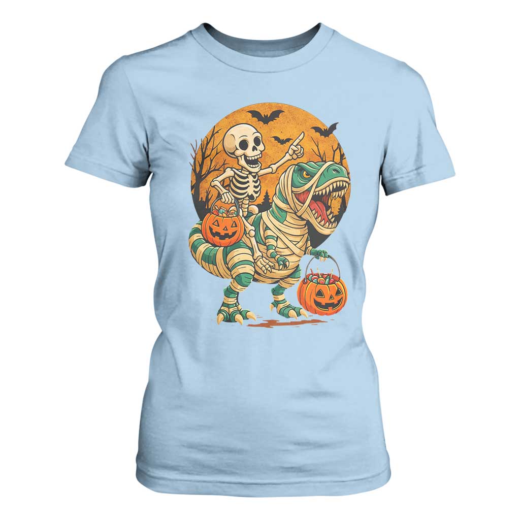 Funny Skeleton Riding Mummy Dinosaur Halloween T Shirt For Women TS12 Light Blue Print Your Wear