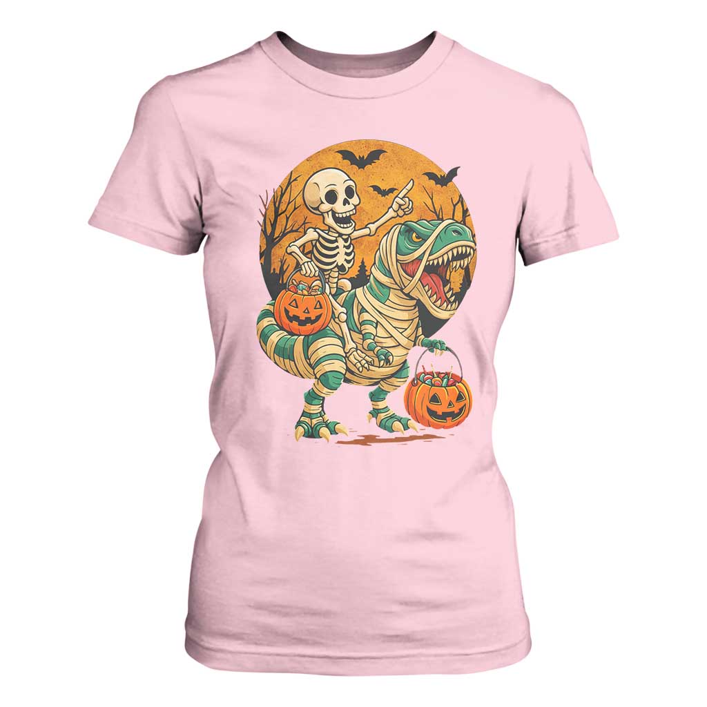 Funny Skeleton Riding Mummy Dinosaur Halloween T Shirt For Women TS12 Light Pink Print Your Wear