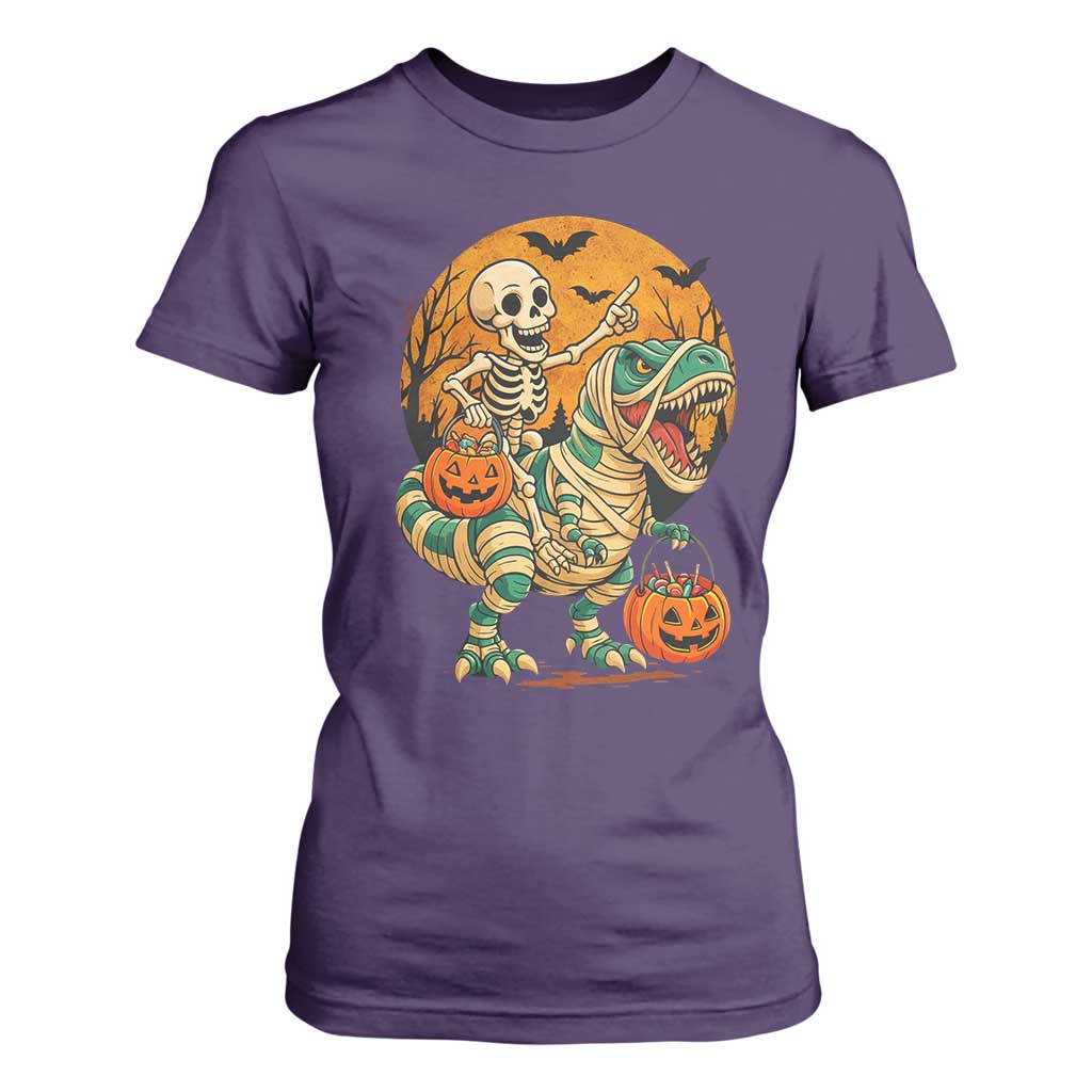 Funny Skeleton Riding Mummy Dinosaur Halloween T Shirt For Women TS12 Purple Print Your Wear