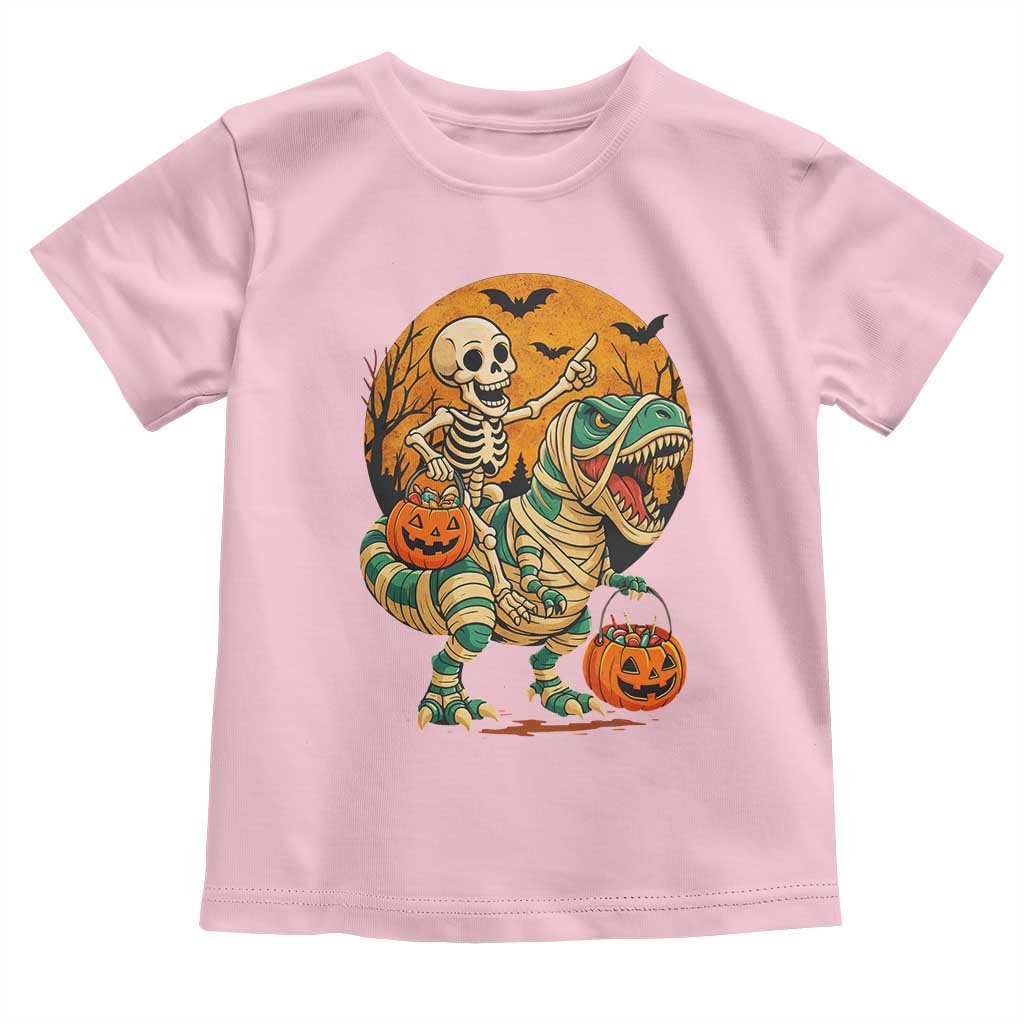 Funny Skeleton Riding Mummy Dinosaur Halloween Toddler T Shirt TS12 Light Pink Print Your Wear