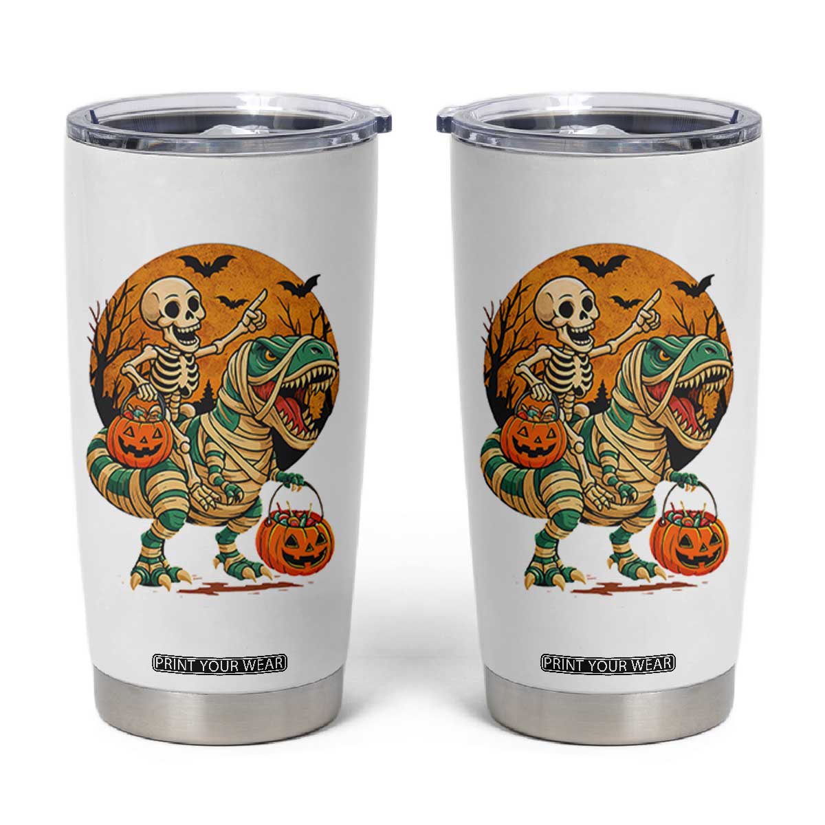 Funny Skeleton Riding Mummy Dinosaur Halloween Tumbler Cup TS12 White Print Your Wear