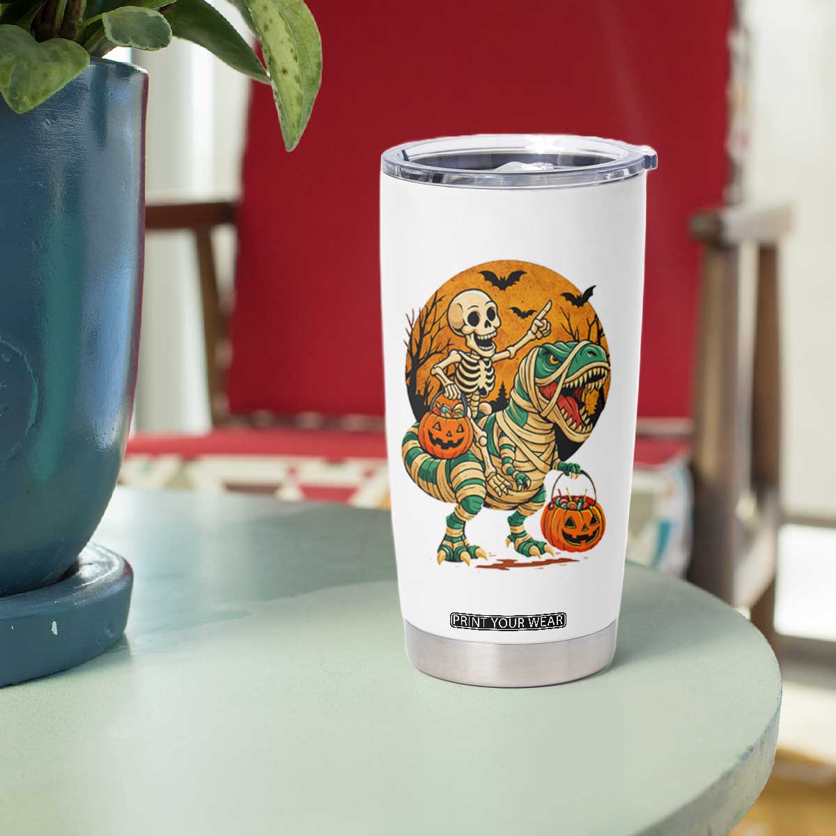 Funny Skeleton Riding Mummy Dinosaur Halloween Tumbler Cup TS12 Print Your Wear